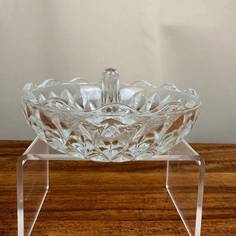 Pressed Glass Vintage Ring Holder Clear Diamond Scalloped Edge Vanity Dish
